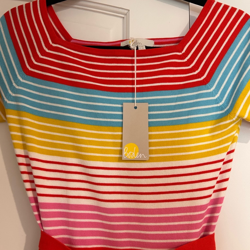 Boden Bright Multi-Stripe Midi Dress with Red Tie - Picture 2 of 4